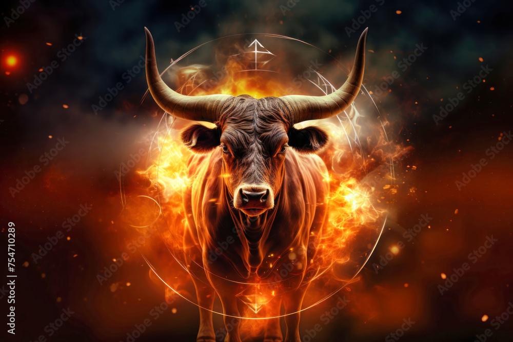 A bull with horns is engulfed by flames and smoke, showcasing a powerful and intense scene