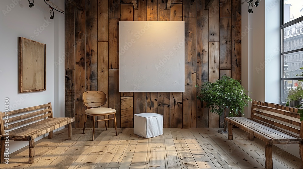 Square canvas frame on white wall in the exhibition room Square canvas frame on white wall in the exhibition room