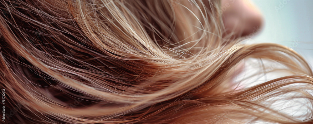 Naklejka premium A close-up view of a woman with long hair, her hair blowing in the wind