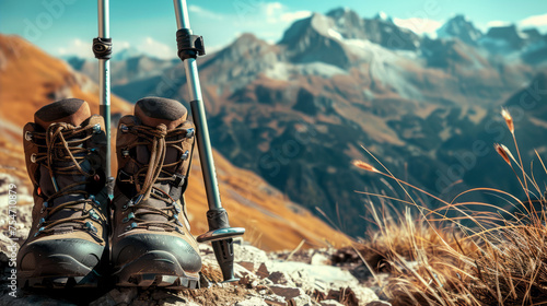 Hiking boots on a mountainous landscape during sunset, focusing on the concept of adventure and exploration photo