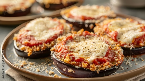 Savory Eggplant Parmesan in Close-Up on Rustic Plate