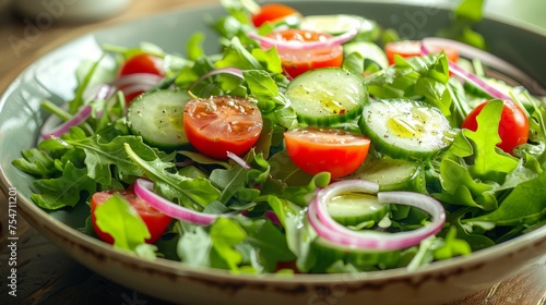 Fresh Mixed Green Salad with Tomatoes, Cucumbers, and Red Onions