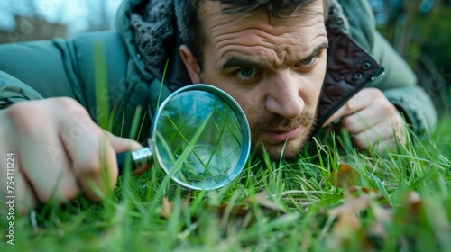man looking at short cut grass through a magnifying glass
