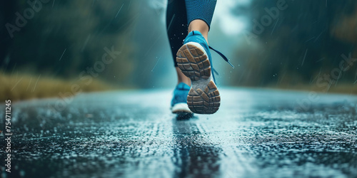 Woman's legs in sports wear run outside doing sport in cold rainy weather healthy lifestyle keep moving concept. Autumn spring exercise fitness lifestyle athlete with running shoes while raining photo