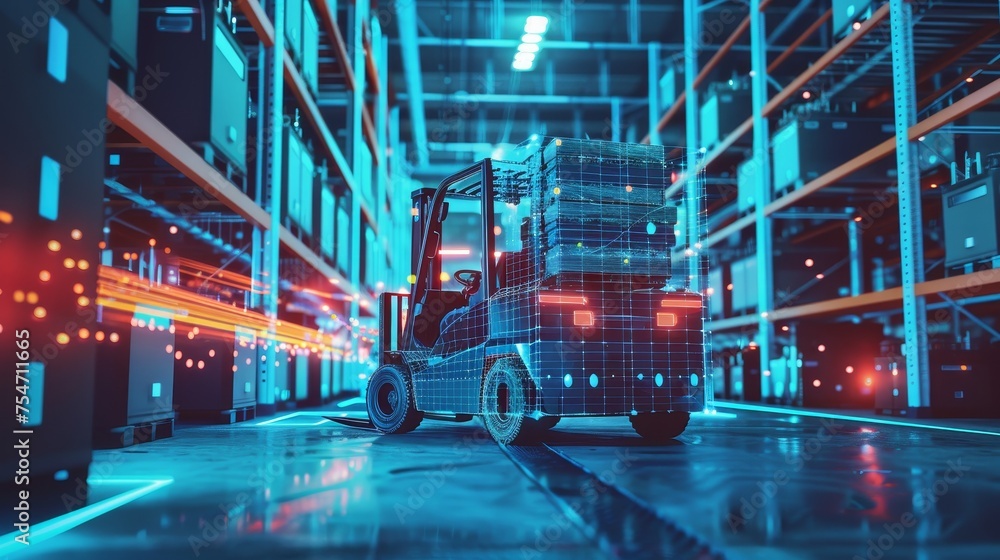 Forklift doing storage in warehouse by artificial intelligence automation - obrazy, fototapety, plakaty 