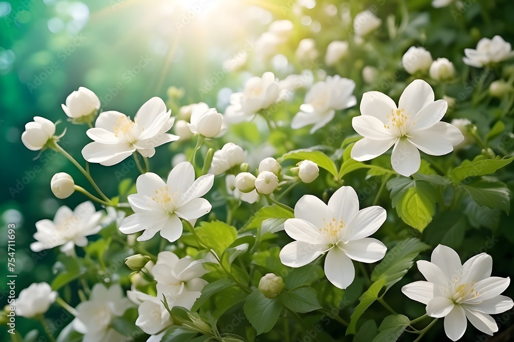 Blooming white flowers surrounded by green nature and shining sun look amazing. Generative AI