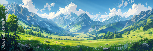Beautiful green meadow with mountains in the background, a panoramic view of a sunny day with a blue sky, spring nature background