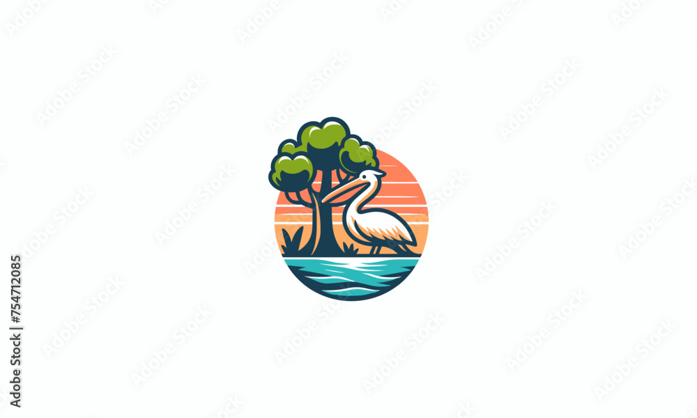 pelican with tree on beach vector mascot design