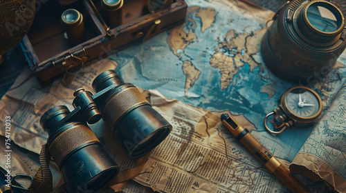 Classic binoculars and compass atop an old map showcase a thematic setup for exploration and travel photo