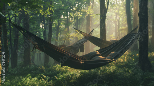 A serene scene of a hammock hanging between trees in a sunlit forest, suggesting tranquility and relaxation