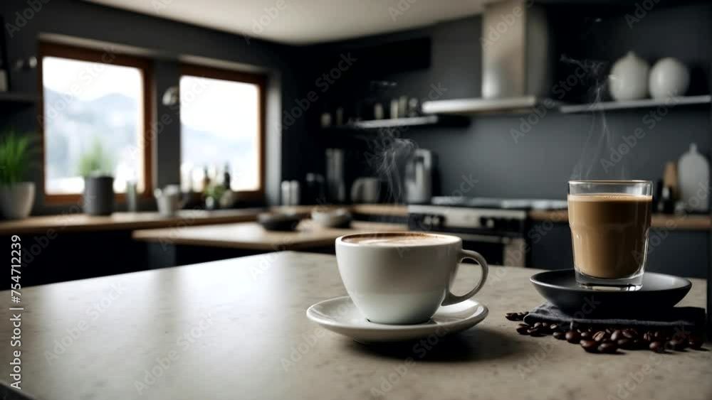 View of the kitchen space with a cup of coffee on the table Seamless looping 4k time-lapse animation video background
View of the kitchen space with a cup of coffee on the table Seamless looping 4k time-lapse animation video background
