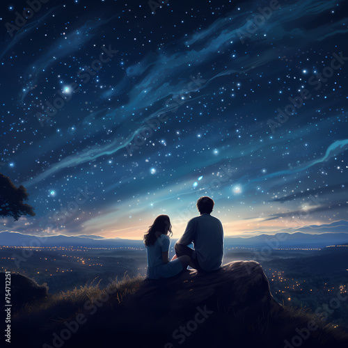 A young couple stargazing on a clear night.