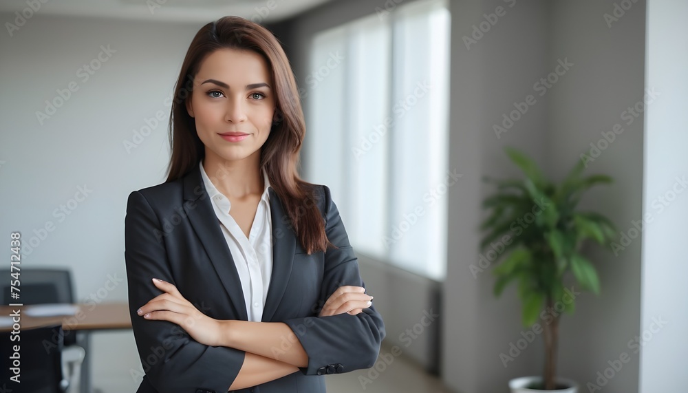 Portrait of successful business woman inside office, standing with arms crossed. AI generated Portrait of successful business woman inside office, standing with arms crossed. AI generated