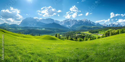 Beautiful green meadow with mountains in the background, a panoramic view of a sunny day with a blue sky, spring nature background © Planetz