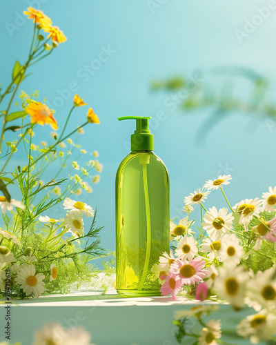 Green hair product bottle product photo, background surrounded by flowers