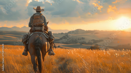 A cowboy on a horseback journeying across a golden field under a vibrant sunset sky © road to millionaire