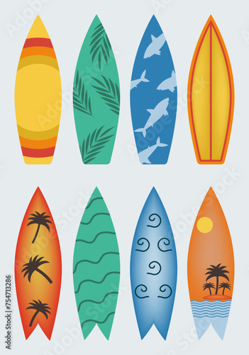 Unusual colorful surfboards, surfing beach hawaiian surfer wooden board decoration, surf bodyboarding object set neat vector illustration surfboard for beach