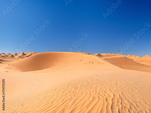 A panoramic shot of a vast desert with towering sand dunes and a clear blue sky.