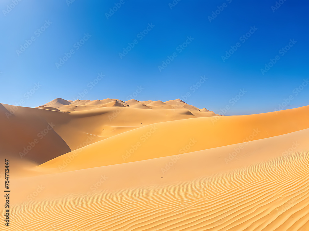 A panoramic shot of a vast desert with towering sand dunes and a clear blue sky.