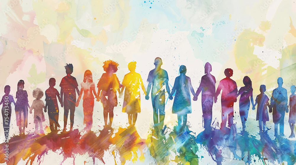 Naklejka premium A Watercolor Painting of a Diverse Group of People Holding Hands