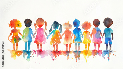 A Watercolor Painting of a Diverse Group of Children Holding Hands