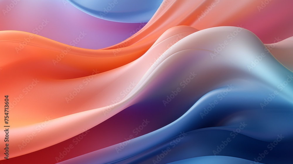 Close-up Horizontal Beautiful multicolored delicate abstract orange, blue, pink peach background with smooth silky shapes, lines, wavy patterns.