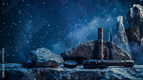 A composition of tactical equipment with a folding knife, flashlight, and compass against a starry background image