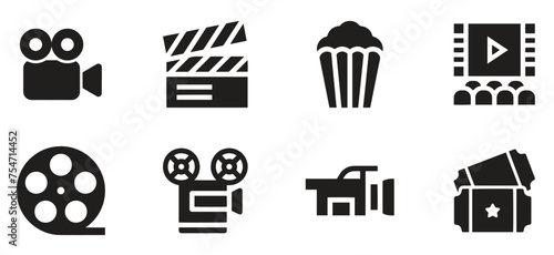 Cinema icons set. Collection icon: Popcorn box, movie, clapper board, film, movie, tv, video and other. Vector flat icons related to movies photo