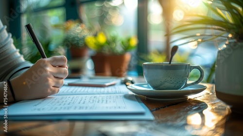 An entrepreneur drafting a business plan on a peaceful morning photo