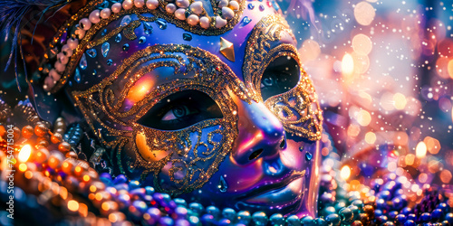 Festive Venetian Mask Amidst Vivid Bokeh Lights. © NORN