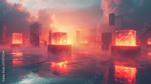 An ethereal landscape made entirely of glowing 3D geometric shapes