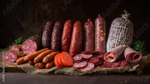Assorted Sausages on Cloth, A Variety of Homemade, Smoked Sausages From a Farm Cellar
