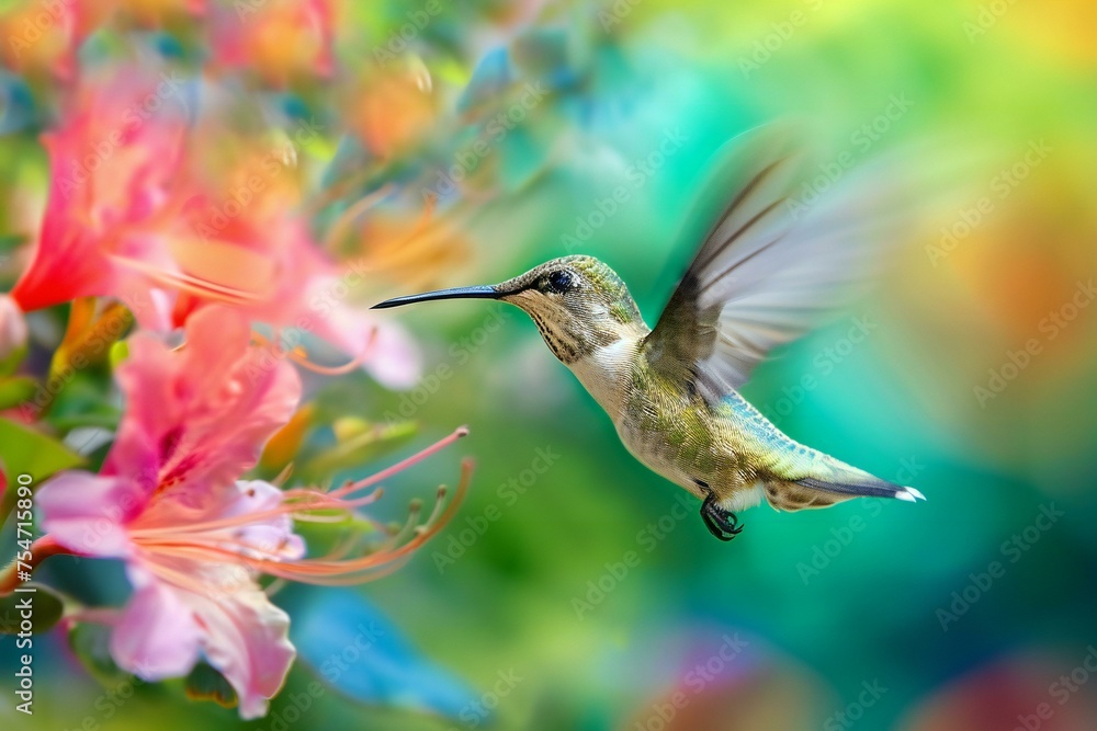 Hummingbird Amidst Vivid Blossoms Hummingbird Amidst Vivid Blossoms