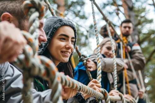 Teamwork and Adventure: Group of Young Adults Engaged in an Outdoor Rope Course Challenge