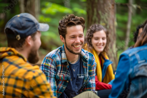 Outdoor Bonding: Young Man Enjoying a Lively Conversation with Friends in the Forest © KirKam