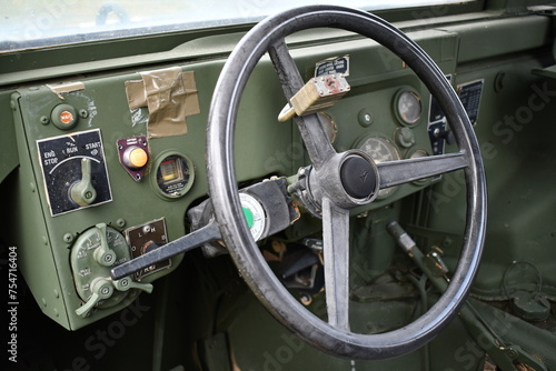 HMMWV interior, control panel, steering wheel, custom touches.