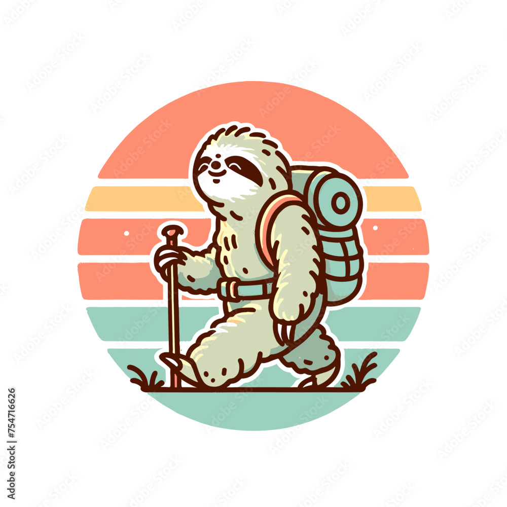 Obraz premium Sloth Hiking in the Forrest with Map and Pole, Design for Trekking Lover, Svg Eps Vector illustration
