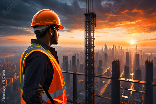 builder in hard hat at sunset, building construction, cityscape, foreman