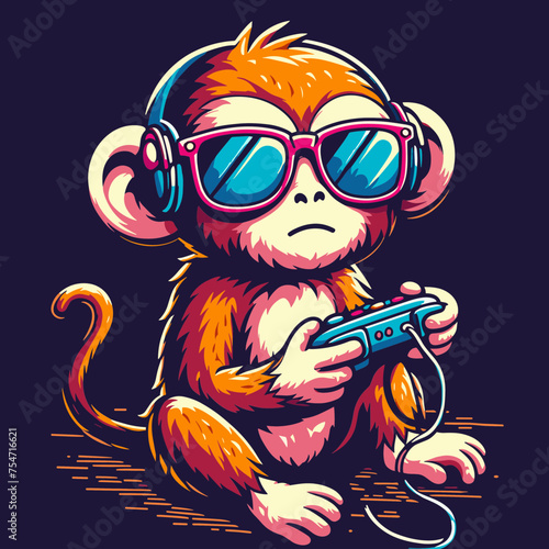 Monkey as Gamer, Holding game controller, Funny and Cool, Minimal T-Shirt design for Game and Animal Lover, Svg Eps Vector illustration