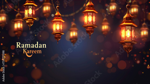 Illuminated Traditional Lanterns with Ramadan Kareem Greeting.