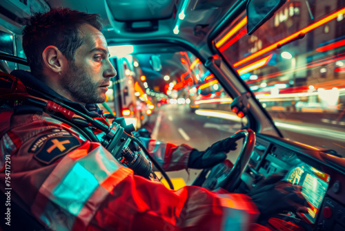 Focused Paramedic Navigating Through the City Lights to Save Lives