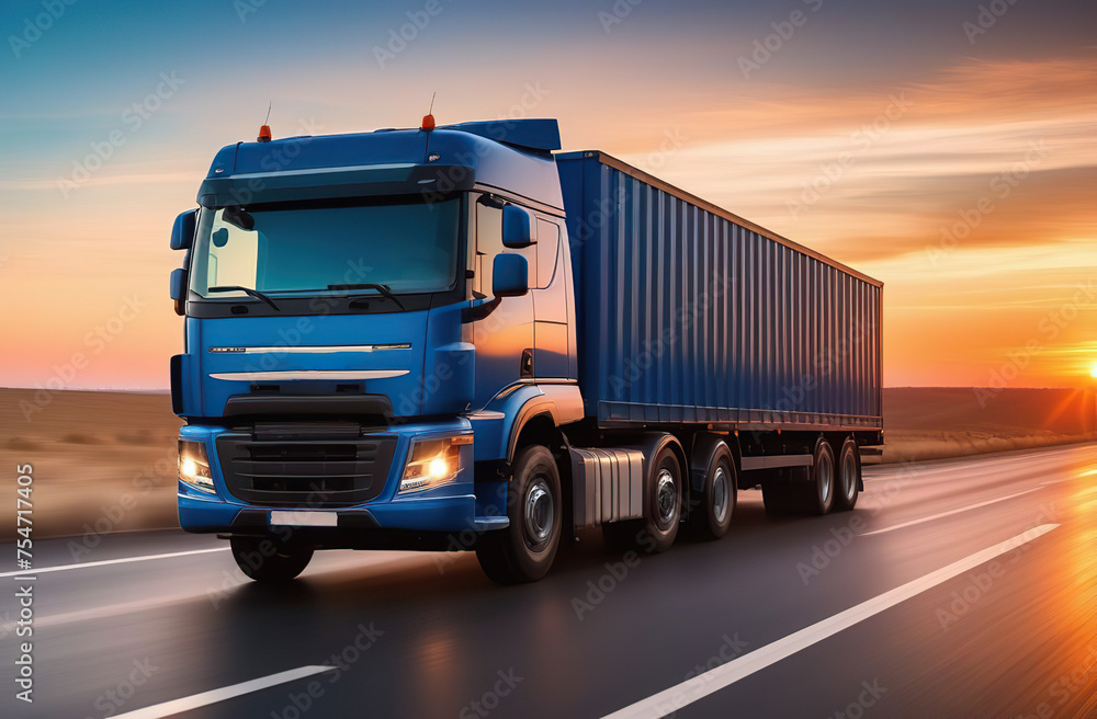 Close-up of a cargo truck on the road at sunset 
