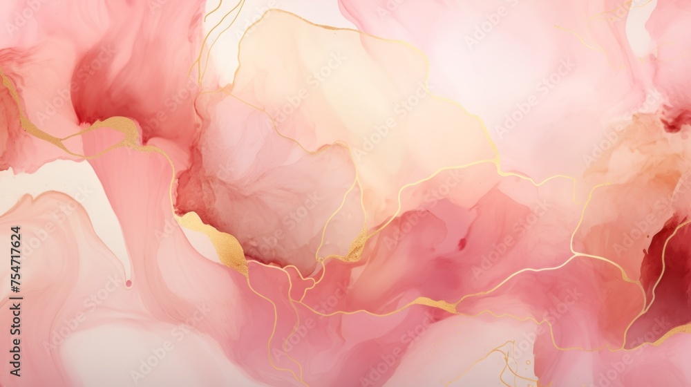 Delicate abstract pastel background with liquid pink watercolor, golden lines, streaks. Creative drawing with alcohol ink, smooth mesmerizing lines.