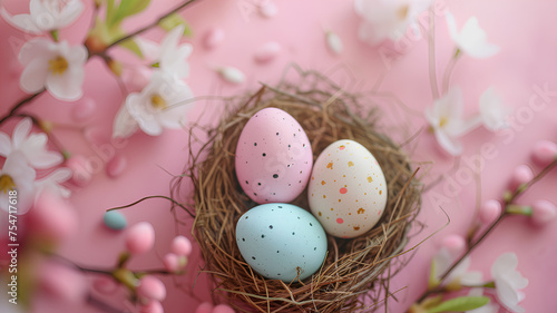 A nest of eggs with a pink background. The eggs are in different colors  including pink  yellow  and blue. The nest is surrounded by branches and flowers  creating a peaceful and natural atmosphere