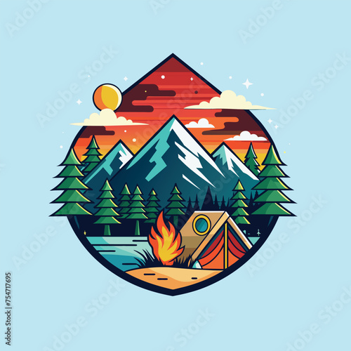  Vector illustration of a campfire in the forest with a tent. Camping t shirt .