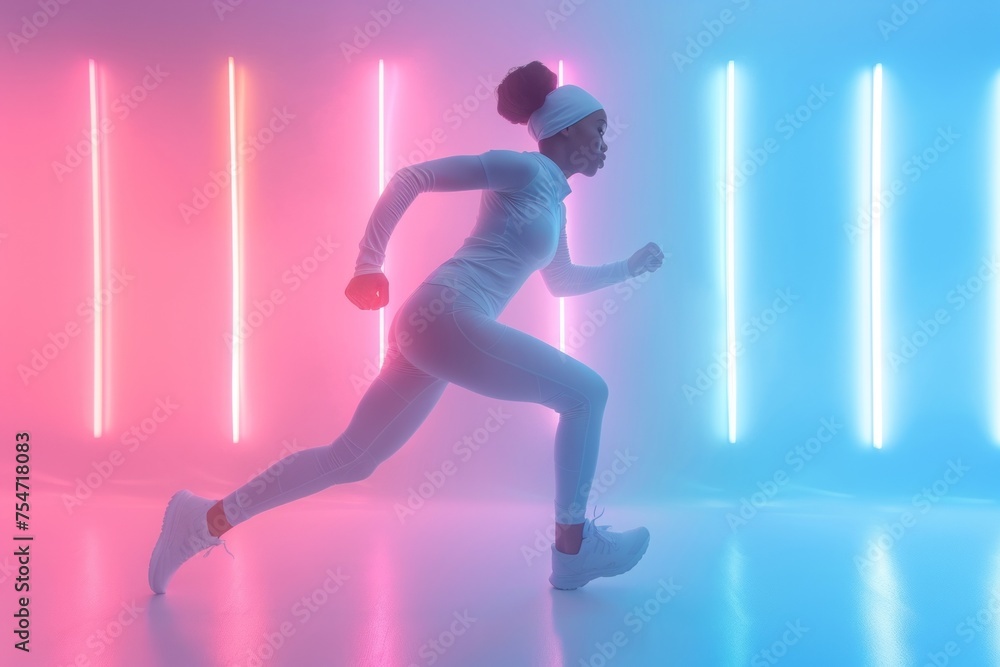 Futuristic athlete in flight, female runner on neon background