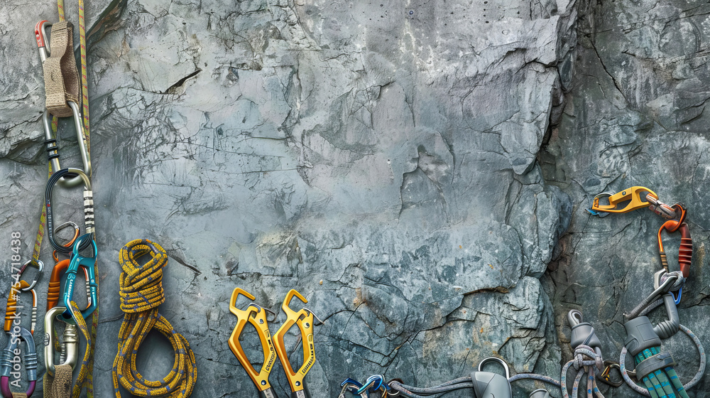 An array of climbing essentials smartly exhibited on a craggy rock surface, showing the fusion of manmade gear with natural rock formations