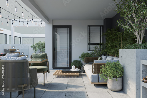 Lush rooftop terrace with an urban garden and city views © CGI