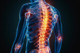 back pain in humans. a blue transparent contour and a spine highlighted in red, inflammation. human anatomy. black background.