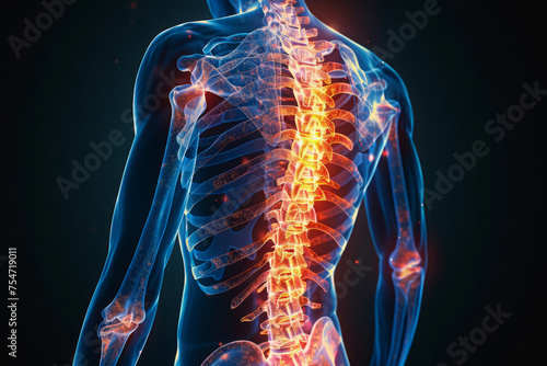 back pain in humans. a blue transparent contour and a spine highlighted in red, inflammation. human anatomy. black background.